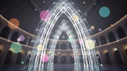 Futuristic Archway Structure with Floating Orbs in a Circular Hall