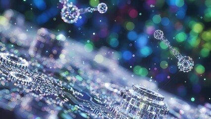 Futuristic Circuit Board with Glowing Molecular Structures and Bokeh Lights