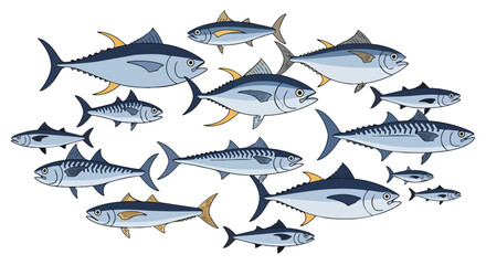 A vibrant illustration of a bustling school of tuna and mackerel fish, showcasing dynamic marine life