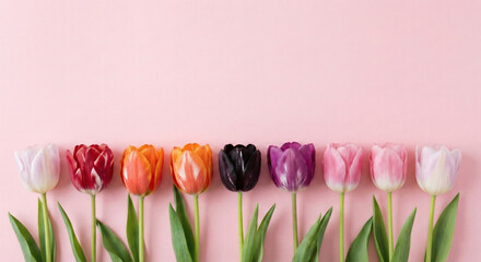 A vibrant arrangement of colorful tulips against a soft pink background