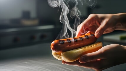 A close-up shot of a freshly grilled hot dog sausage being placed into a bun with visible steam rising. The image captures the appetizing appearance of the hot dog with grill marks.
