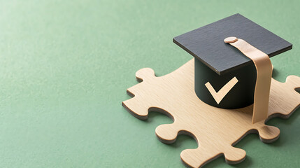 A symbol of academic success, a graduation cap rests perfectly on a jigsaw piece, emphasizing the achievement of educational goals. This image signifies completion, progress and success.
