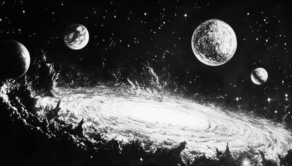 A black-and-white drawing illustration of the Milky Way galaxy, with stars, planets, moons, and dust clouds, in an aerial perspective.