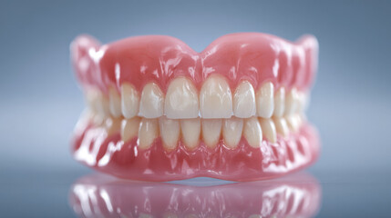 Realistic dental model with artificial teeth and gums reflecting on shiny surface representing oral health and dental care concepts in medical imagery
