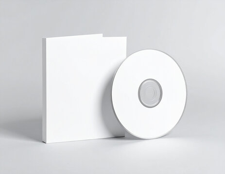 Blank white CD disc next to a white cardboard CD case on a light grey background image
