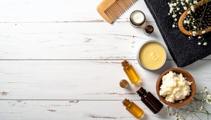 Overhead shot of beauty products, comb, towel, and flowers on white wood