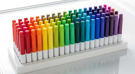 Colorful Marker Set Arranged in Rainbow Order on White Stand
