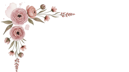 Minimal watercolor corner element featuring wildflowers and ranunculus in dusty rose and terracotta isolated on white background