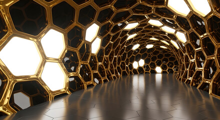 Abstract Golden Honeycomb Tunnel Modern Geometric Interior Background