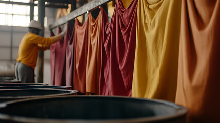 A textile worker arranges dyed fabrics in a vibrant spectrum of colors, showcasing the artistry and craft of fabric production. The scene exudes industry and careful process.