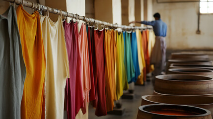 A vibrant array of dyed fabrics hung to dry, showcasing a rainbow of colors in a traditional workshop setting. The craftsmanship and color artistry of textile dyeing are on display.