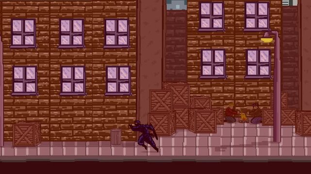 Animation of an old game in pixel art style of a ninja running down the street, pixel.