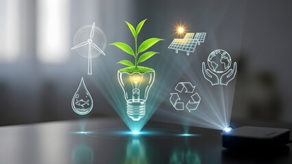Holographic projection of eco-friendly energy sources and sustainability icons