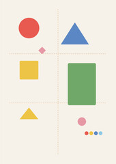 Simple kids educational poster featuring basic geometric shapes in bright soft colors. Clean vector layout for classroom wall decor, preschool learning, nursery education and early shape recognition.