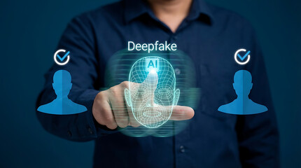 User pointing at futuristic holographic ai head displaying deepfake text to highlight the risks of artificial intelligence identity theft and synthetic video generation