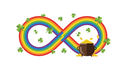 Fototapeta premium Vibrant rainbow infinity symbol with pot of gold and shamrocks&nbsp;st patrick's day, Generative AI.