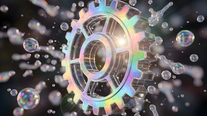 Iridescent Gear with Bubbles and Splashes cogwheel