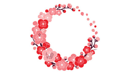 Obraz premium Vibrant pink and red cherry blossom floral wreath on white background Chinese new year, Generative AI.