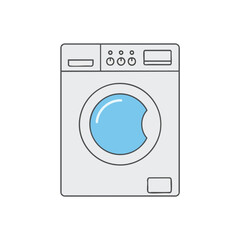 A flat illustration of a front-loading washing machine, with a blue door