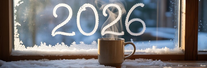 A warm cup of coffee on a snowy windowsill with frosty 2026 New Year message