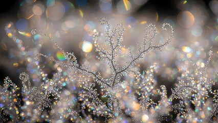 Macro of Frosty Fern Fronds with Sparkling Bokeh Lights