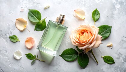 Elegant fragrance bottle surrounded by rose, leaves, and petals on a textured surface