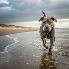 Gray Pitbull Dog Walking on Water, Calm and Serene Scene, Inspirational Animal Concept.
