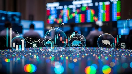 Stock Market Bubbles with Bull and Bear Symbols and Financial Charts