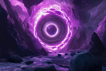 A cinematic still of an endless spiral portal to another dimension, with purple and pink light radiating