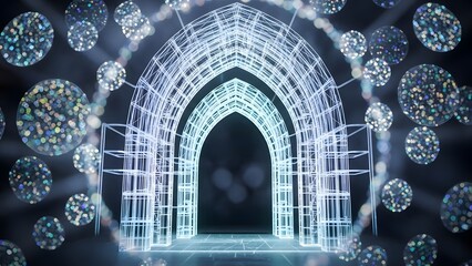 Wireframe Architectural Archway with Floating Orbs