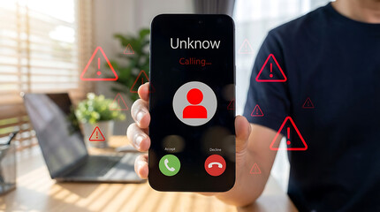 Unknown caller identification on smartphone screen with red warning alert icons showing scam or fraud telephone call attempt during work time in home office environment