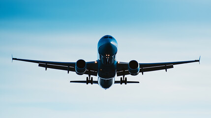 Airliner ascents through clear blue skies, engines roaring, landing gear set, poised for airborne adventure. Aviation design and high-flying innovation.