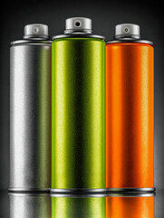 Three metallic spray cans in silver, green, and orange colors standing side by side on a reflective surface against a dark background for artistic and industrial use