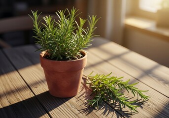 Healthy rosemary plant in small pot with soft natural light 