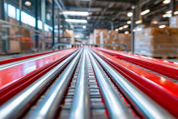 Industrial warehouse conveyor system with shiny metal rollers and vibrant red frame stretching into the distance among stacks of goods and bright ceiling lights