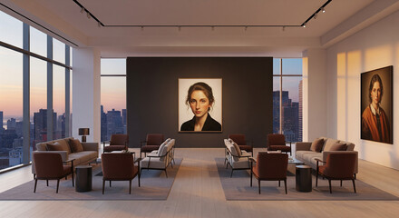 Modern dark luxury lounge area with armchair seating and portrait painting. Office waiting room interior with panoramic city view at sunset