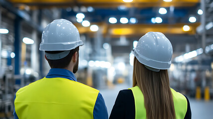 Two engineers in safety gear oversee factory operations, ensuring quality and efficiency. They wear hard hats and safety vests in an industrial setting.
