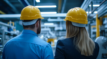 Two engineers in yellow hard hats in a factory setting, focused on a large-scale project. The man is in blue and the woman in a black jacket, indicating teamwork and engineering expertise.