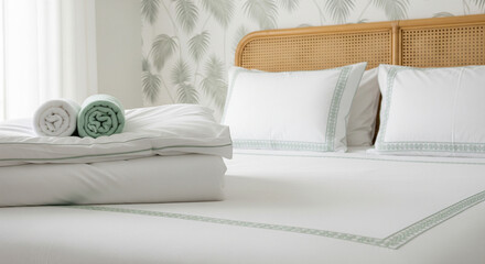 Fresh white bedding with green embroidery and rolled towels on bed. Hotel room interior detail with rattan headboard