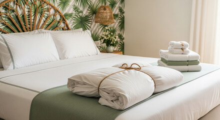Cozy bedroom interior with tropical leaf wallpaper and rattan headboard. White bed with green throw blanket and folded duvet