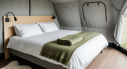 Luxury glamping tent interior with comfortable double bed and green blanket. Cozy camping accommodation inside view