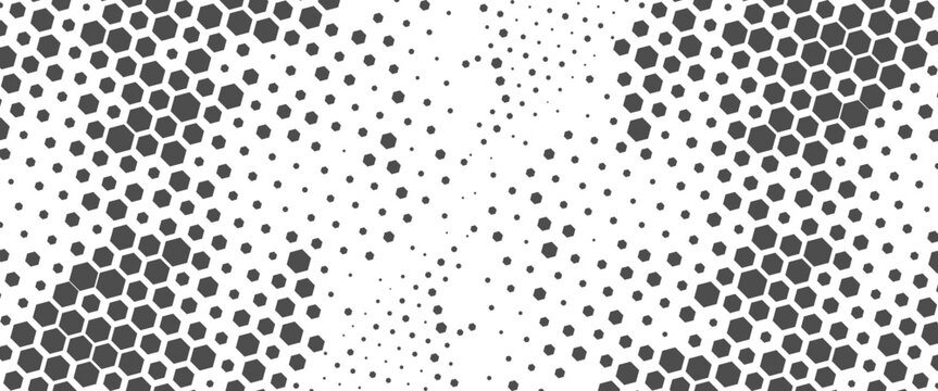 Vector technology pattern black and white abstract geometric transition pattern with hexagon shape halftone effect for sporty background..