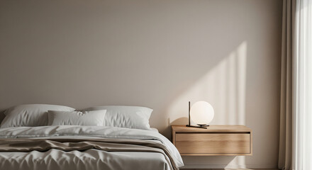 Minimalist bedroom interior with white bed and round glowing lamp on floating nightstand. Shadow play on beige wall