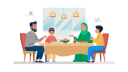 Happy Muslim family sitting at a dining table breaking their fast together, Iftar scene, flat vector characters, warm cozy atmosphere.