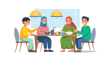 Happy Muslim family sitting at a dining table breaking their fast together, Iftar scene, flat vector characters, warm cozy atmosphere.
