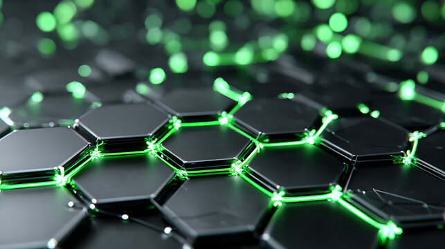 Futuristic Hexagonal Grid Pattern with Glowing Green Neon Edges Technology Network Abstract Background Digital Cyber Security Concept