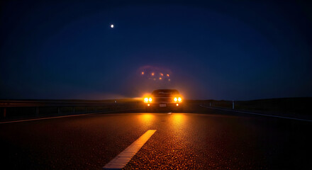A moody cinematic image of a car with headlights blazing on a dark asphalt road under a night sky with moon, creating a dramatic and atmospheric scene.