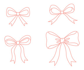 Pink ribbon bow outline set isolated on white background minimalist decorative line art vector collection design