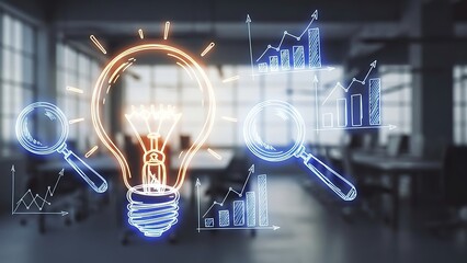 Futuristic Office with Large Glowing Orange Lightbulb and Workstations