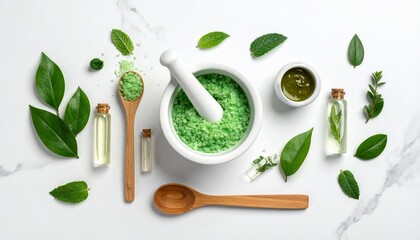Overhead shot of green herbs & liquids w/ mortar & pestle, spoons, vials on marble